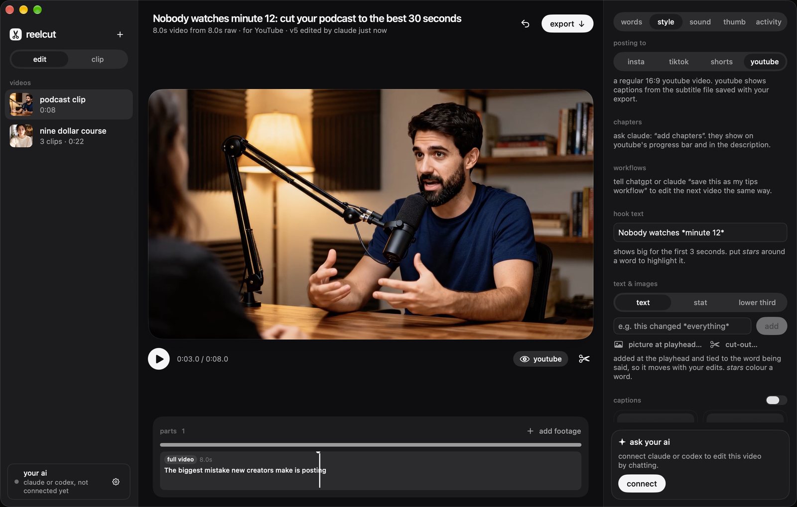 ReelCut editing the podcast as a YouTube video